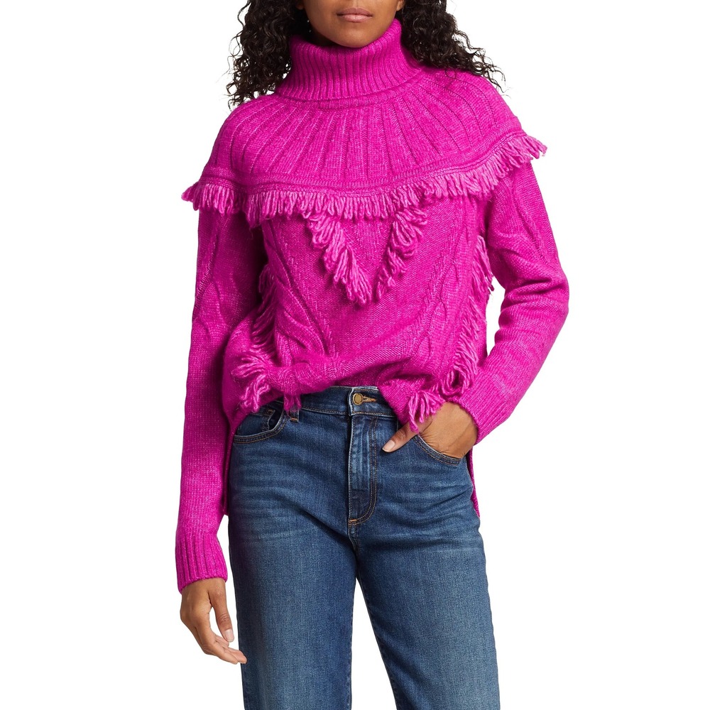 Ramy Brook Mya Sweater Fringe Trim Cable Knit Turtleneck Hot Pink Size Large NWT